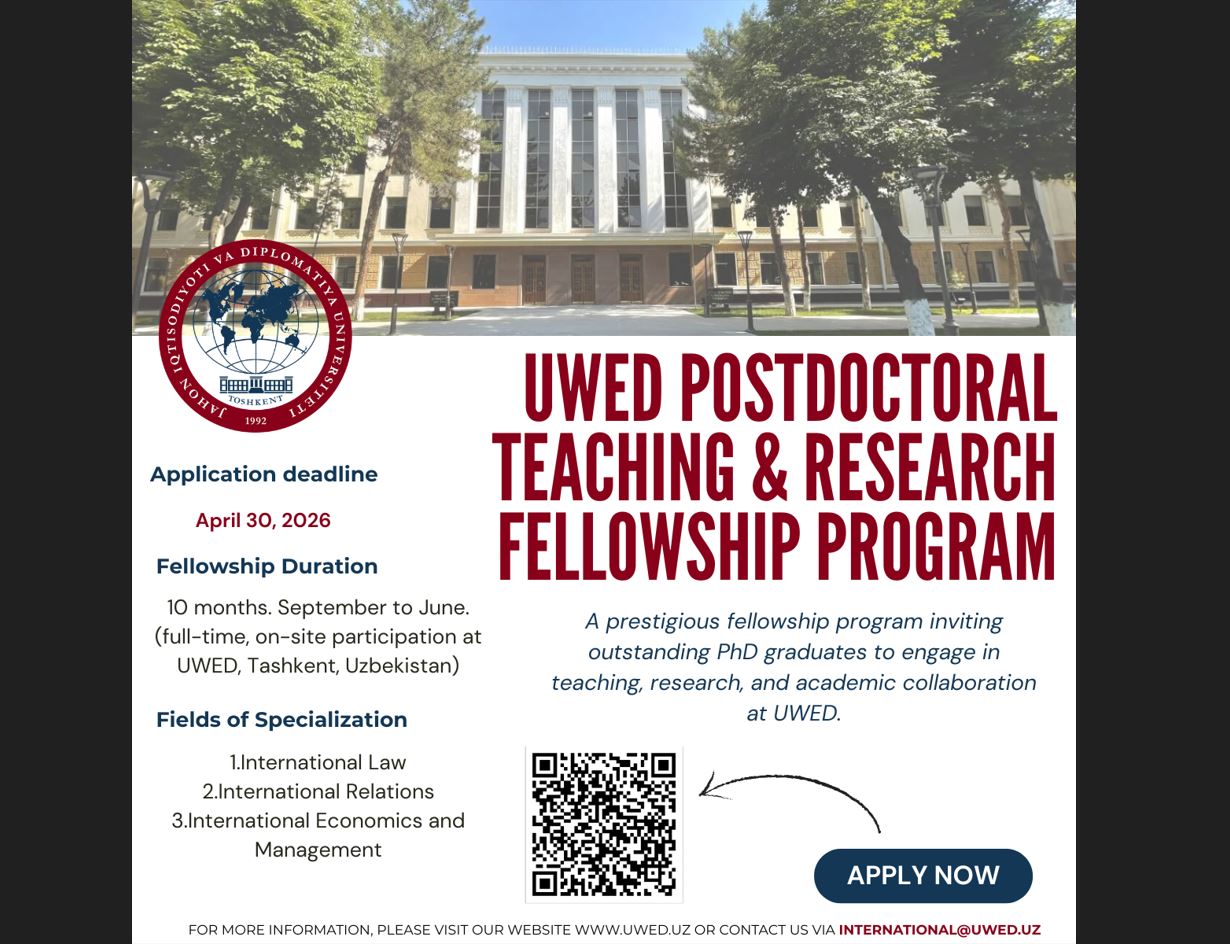 JIDU Postdoktorantura o‘qituvchilik va ilmiy-tadqiqot stipendiya dasturi